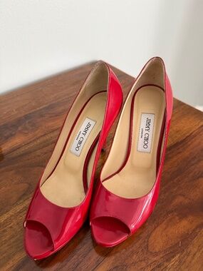 Jimmy Choo Red Patent Peep Toe Heels 38.5